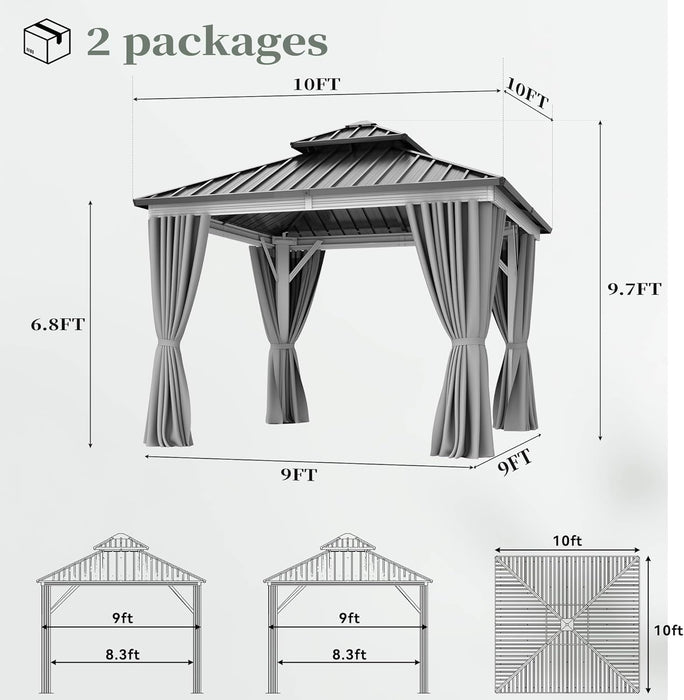 10X10FT Gazebo Patios Hard Top Outdoor Double Roof Canopy Aluminum Frame Metal Top Garden Gazebo with Curtains Netting for Backyards Decks Lawns, White
