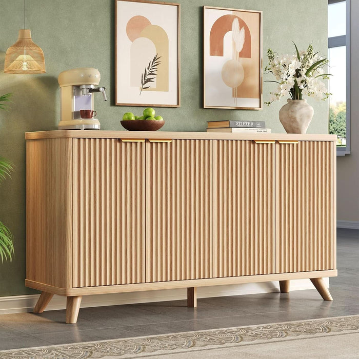 63" Fluted Sideboard Buffet Cabinet with Storage, Modern Curved Wood Credenza Media Console, Heavy Duty Coffee Bar Station with Adjustable Shelves for Kitchen, Living Room, Natural