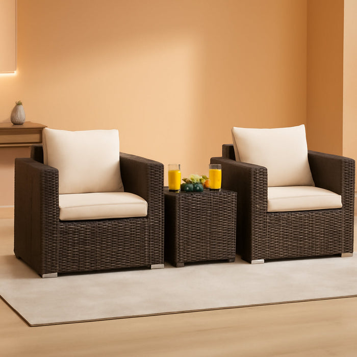 3 Pieces Patio Furniture Set, Outdoor Conversation Rattan Furniture Set W/Washable Cushion and Tempered Glass Tabletop, PE Rattan Wicker Sofa Set for Garden Poolside Balcony