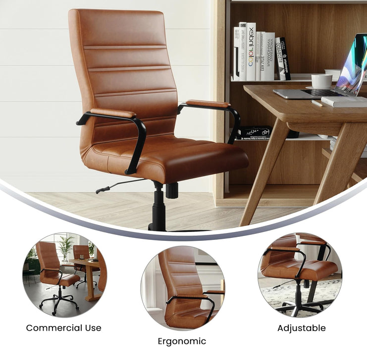 Whitney High-Back Swivel Leathersoft Desk Chair with Padded Seat and Armrests, Adjustable Height Padded Leathersoft Office Chair, Brown/Black Gold