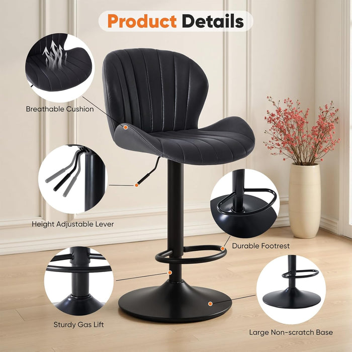 Bar Stools Set of 4, Swivel Adjustable Height Fabric Bar Chair | Barstools Counter Height, Backrest, Armless, Upholstered, Modern, Kitchen Island, Dining Room, Black