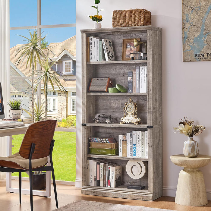 70" Grey Tall Bookcase, 5 Tier Wooden Standing Farmhouse Bookshelf