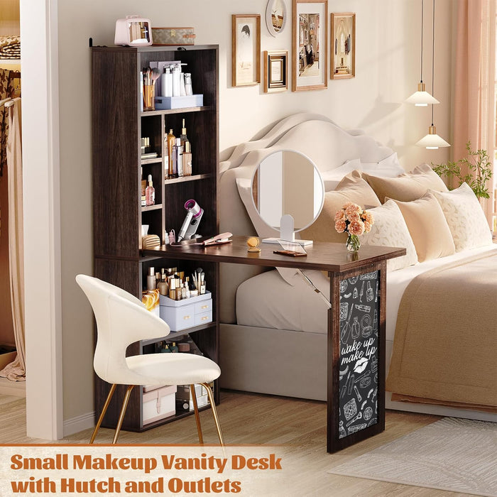 Small Folding Desk with Outlets, Convertible Writing Desk for Small Spaces/Home Office/Craft Room, Multi-Function Desk Workstation with Blackboard, Fold-Out Cabinet Table, Black Walnut