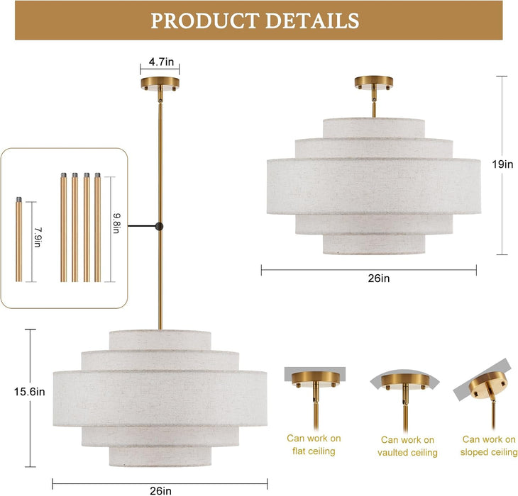 Drum Chandelier 25Inch GoldFinish Dining Room Luminaire