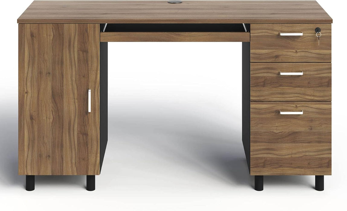 Modern Design Venice Computer Desk with Lockable Drawers, 53 Inch Home Office Desk with Storage Cabinet, Keyboard Tray & Cable Management, Modern Study Writing Desk for Small Spaces, Walnut and Black