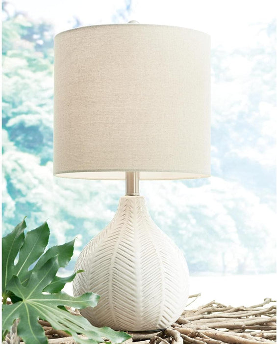 Signature Design by Ashley Rainermen Casual Ceramic Table Lamp, Transparent White Glaze Finish, Drum Hardback Fabric Shade, 11" W X 11" D X 21" H, off White
