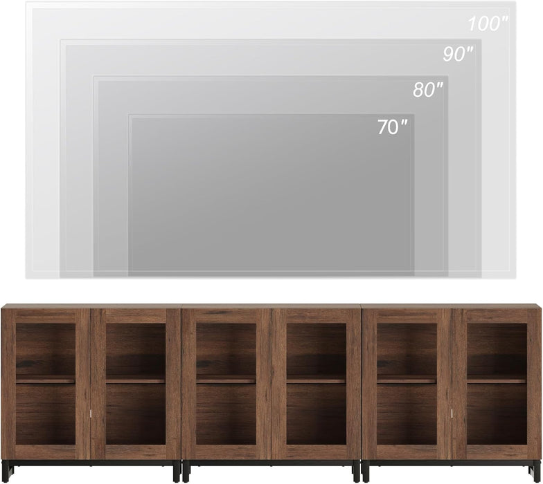 Modern TV Stand with Glass Doors for 110 Inch Tvs, Farmhouse Entertainment Center TV Console with Adjustable Shelves for Living Room, Bedroom, Brown