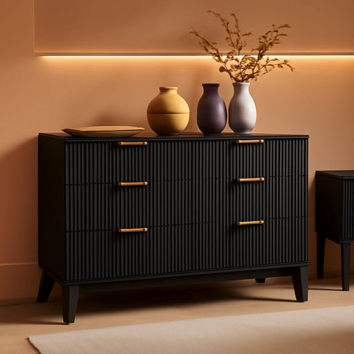 Fluted Dresser for Bedroom, 47.2" Wide Chest of 6 Drawers, Black