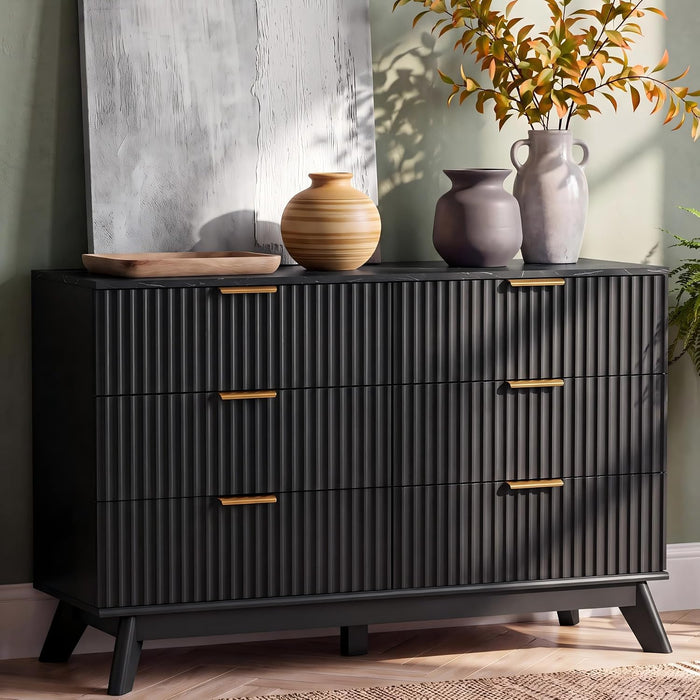 Fluted Dresser for Bedroom, 47.2" Wide Chest of 6 Drawers, Black