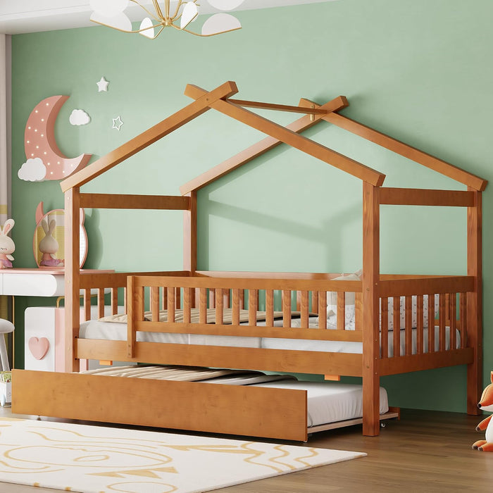 Walnut Solid Wood House Bed Trundle UnitBundleWithDrawers