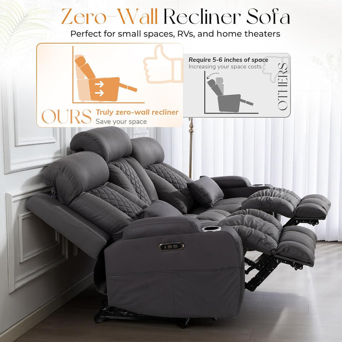 with Adjustable Headrest, Zero Wall Hugger Reclining Couch RV Loveseat Recliner Sofa with Charge Device &Drop down Table (Dark Gray, Sofa)