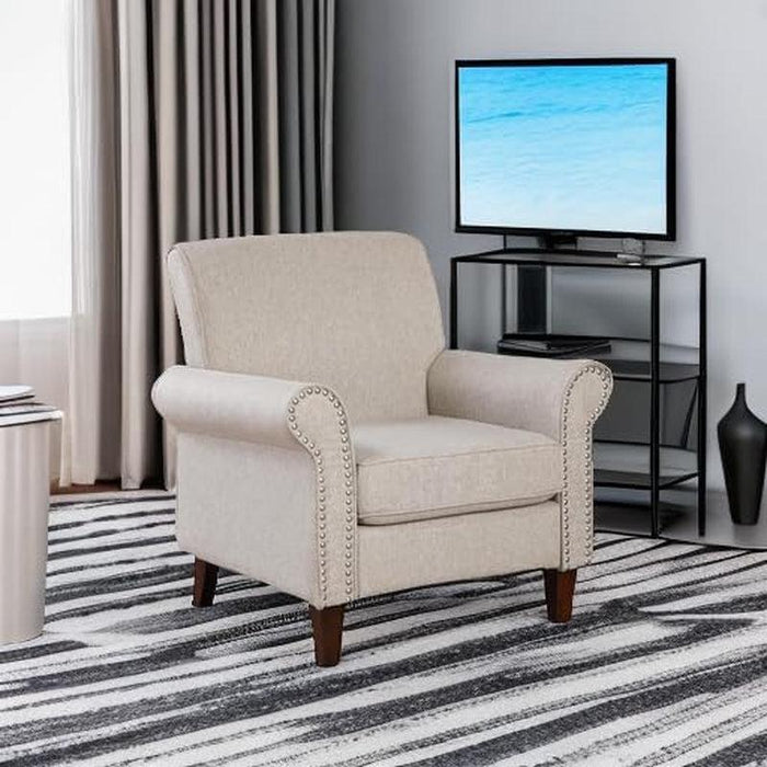 Upholstered Living Room Chair - Large Comfy Fabric Accent Chair Single Sofa with Cushion, Rolled Armrest & Nailhead Trim, Mid Century Farmhouse Armchair for Bedroom, Office, Beige