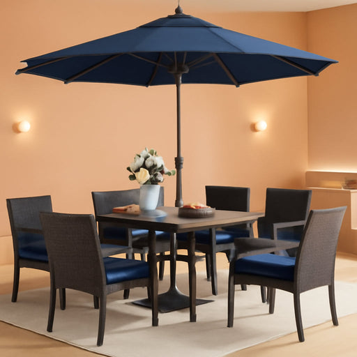 Patio Outdoor Table and Chairs Set with Umbrella Navy, Patio Dining Sets for 6, 7 Pieces Patio Table Set Clearance for Backyard Deck Porch Outside, Metal Table with Hole & Cushioned Rattan Chairs
