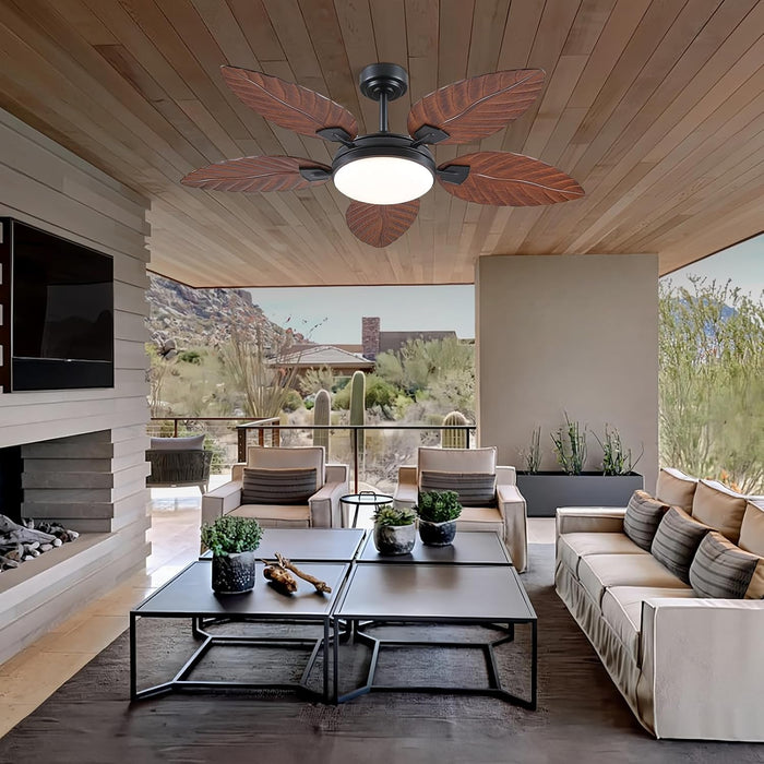 52 Inch Tropical Ceiling Fans with Lights and Remote,Outdoor Palm Leaf Ceiling Fan for Patios Porch Bedroom, Dimmable, 6 Speeds, Reversible, Dark Brown