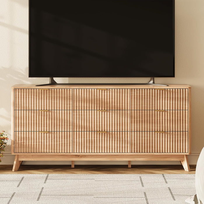 63" Wide Fluted 9 Drawers Dresser for Bedroom,Curved Edge,Oak