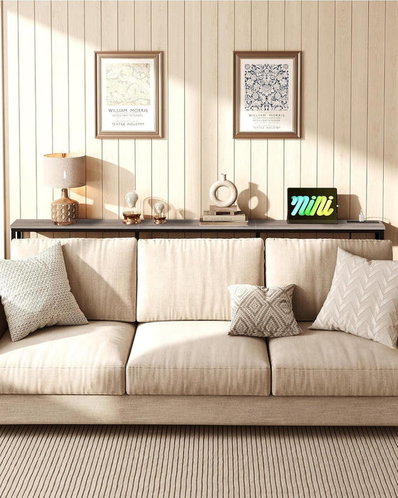 78.7" Narrow Console Table with Power Outlet 7.1" Skinny Sofa Table, Long behind Couch with Charging Station for Hallway, Living Room Greige and Black TXG20UBG