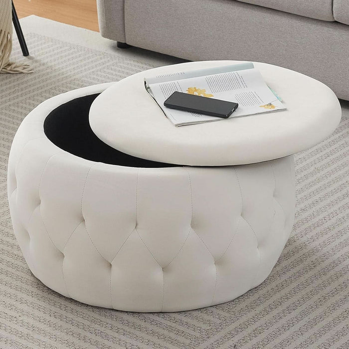 25 Inches Large round Storage Ottoman, Modern Upholstered Ottoman Coffee Table, Soft Velvet Surface, for Living Room, Bedroom, Classic Tufting, Cream