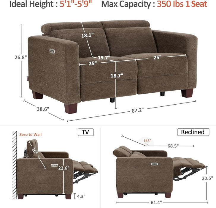 62.2'' Wall Hugger Power Loveseat Recliner Sofa with Adjustable Headrest and USB & Type C Dual Charge Ports for Living Room, Office (Fabric, HL198M1) (Coffee)