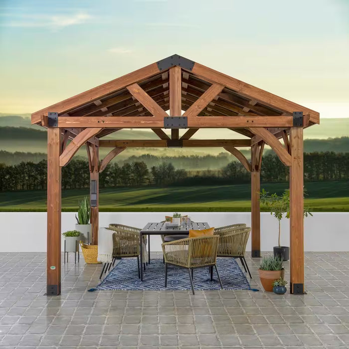 Arlington 12 Ft. X 12 Ft. All Cedar Wood Outdoor Gazebo Structure with Hard Top Steel Metal Peak Roof and Electric