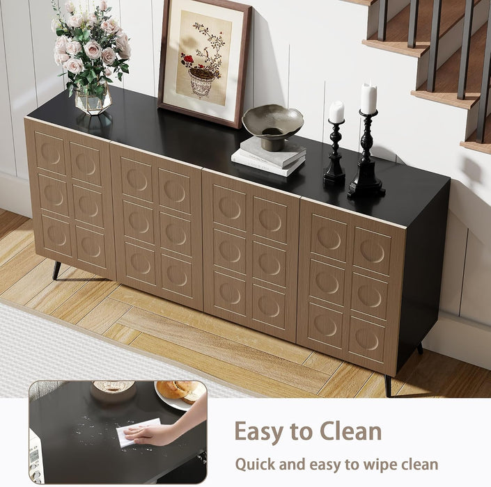 Sideboard Buffet Cabinet with Storage: 63" Black and Oak Mid Century Modern Credenza with 4 Doors, Large Fluted Sideboard Accent Cabinet for Living Room
