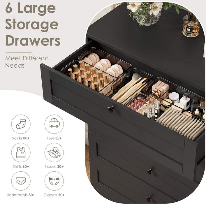 6 Drawer Dresser for Bedroom, 52" Tall Dresser & Chest of Drawers, 29" W Wood Drawer Chest, Modern Vertical Storage Cabinet for Living Room, Entryway, Hallway, Black