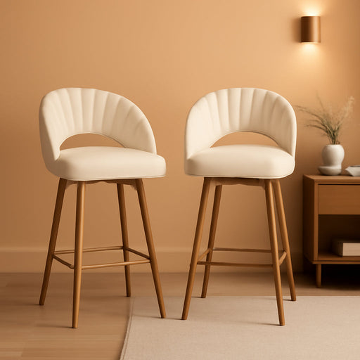 Swivel Bar Stools Set of 2, Counter Height Barstools for Kitchen Island, 26" Seat Height Bar Chairs for Dining Room, Velvet Upholstered Bar Stool with Back and Footrest, White