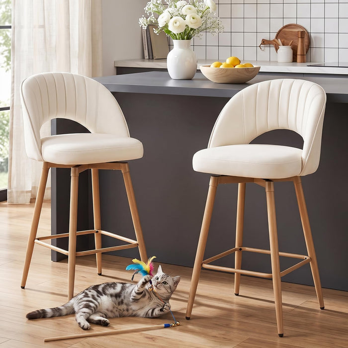 Swivel Bar Stools Set of 2, Counter Height Barstools for Kitchen Island, 26" Seat Height Bar Chairs for Dining Room, Velvet Upholstered Bar Stool with Back and Footrest, White