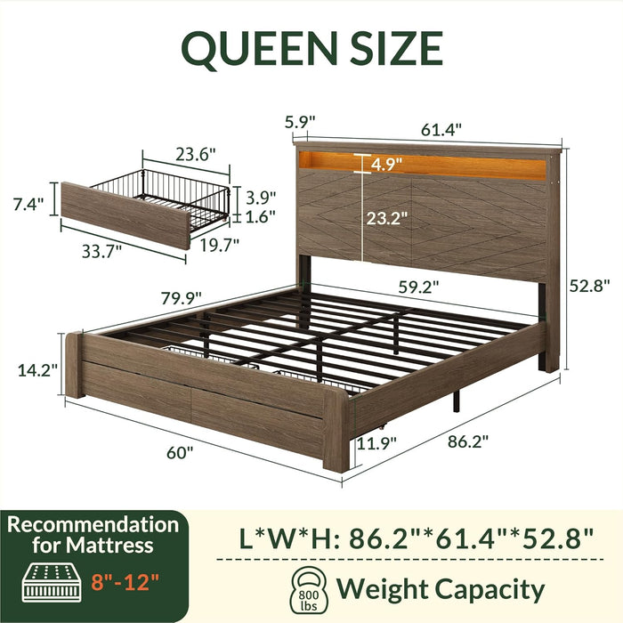 Queen Size Bed Frame with 2 Storage Drawers and Headboard Wooden Platform Bed Frame with LED Lights and Charging Station Easy Assembly/No Box Spring Needed/Brown