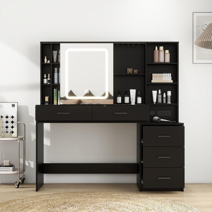 Large Vanity Desk Table Set with Mirror & Lights, Makeup Vanity with Power Outlet 5 Drawers & Storage Shelves 3 Lighting Modes Adjustable Dressing Table with Stool (Black)