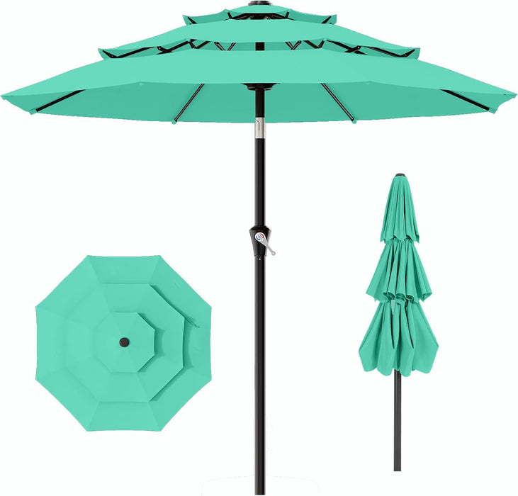 9Ft 3-Tier Patio Umbrellas, Outdoor Umbrella with 8 Sturdy Ribs UV Protection Windproof, Market Table Umbrella W/Push Button Tilt & Crank for Pool, Porch, Deck, Garden(Aruba Blue)