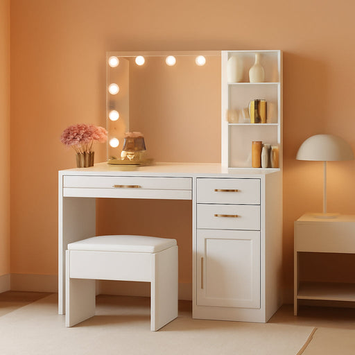 Vanity Desk with Lights, 37Inch Makeup Vanity Desk with Mirror & Power Outlet, 3 Colors Lighting Adjustable Brightness, Makeup Vanity Set with Cushioned Chair and Cabinet, 3 Drawers, White