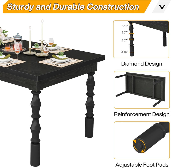 62” Wood Dining Table for 4-6 People, Farmhouse Large Rectangle Kitchen Table, Modern Dinner Table Kitchen & Dining Room Furniture with Carved Turned Legs