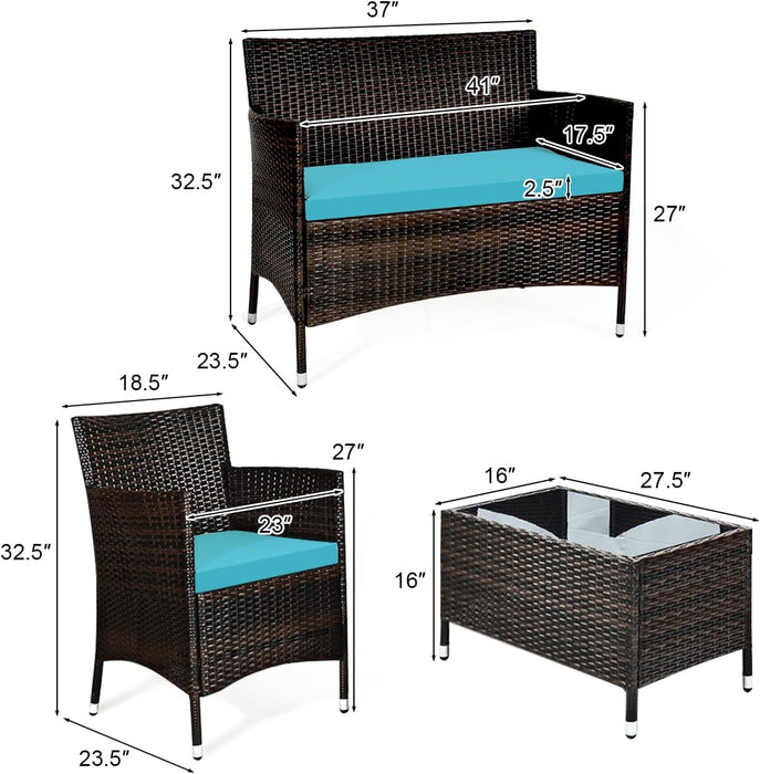 8 Pieces Patio Rattan Conversation Set with Tempered Glass Coffee Table & Thick Cushion, Wicker Set for Garden, Lawn, Poolside and Backyard
