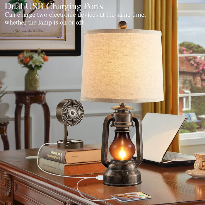 Farmhouse Lantern Table Lamps for Living Room Set of 2 with USB C+A