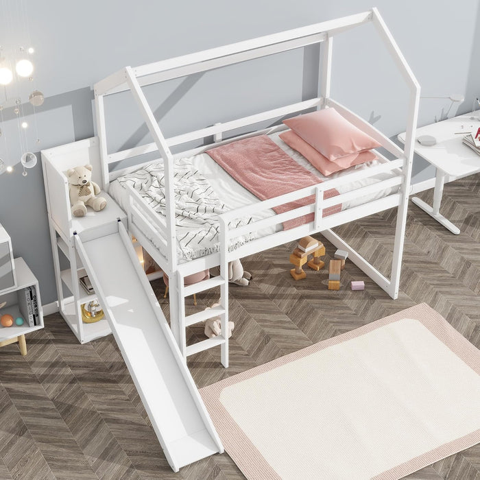 White Twin Loft Bed WithOverheadStorageCompartments