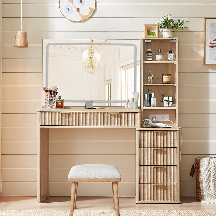 Vanity Desk with Mirror and Lights, 43.5'' Fluted Makeup Vanity with 6 Drawers and Adjustable Shelves, Glass Top Make up Vanity, Girls Wood Dressing Table with Power Outlet for Bedroom