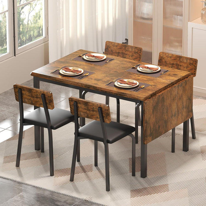 5-Piece 63" Extendable Dining Table with 4 Upholstered Chairs, Kitchen Table Set for 4-8 People, Dining Room Sets with MDF Wood Board, Drop Leaf Table Design for Space Saving, Rustic Brown