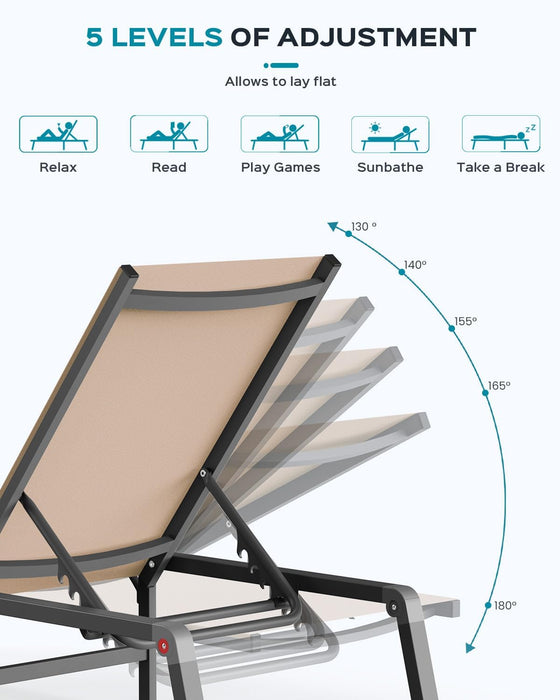 Foldable Outdoor Lounge Chair, No Assembly Patio Chaise Lounge Outdoor with 5-Positions, Aluminum Pool Lounge Chair with Portable Design for Pool, Deck, Beach, Backyard, Beige