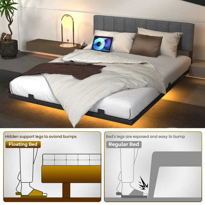 Full Floating Upholstered Bed Frame, Metal Platform Bed with Smart LED Lights and Charging Station, Gray