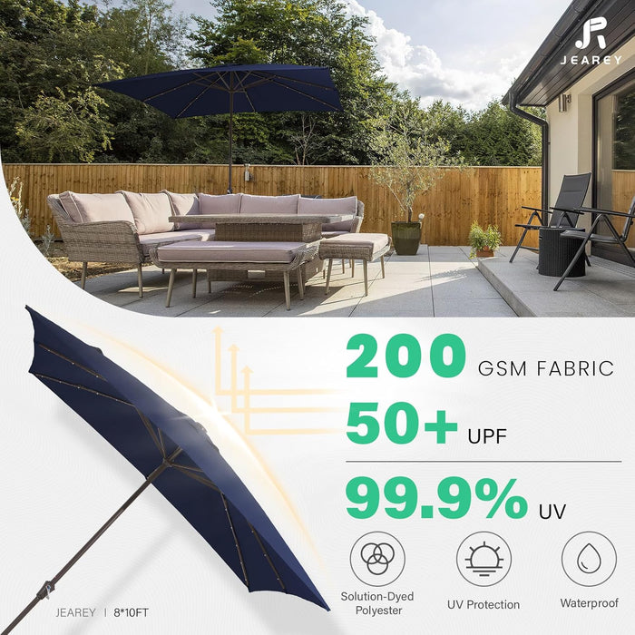 8X10 Ft Rectangular LED Lighted Patio Umbrellas Outdoor Solar Table Market Umbrella W/Crank, 8 Sturdy Ribs, UV Protection Waterproof Sunproof(Dark Blue)
