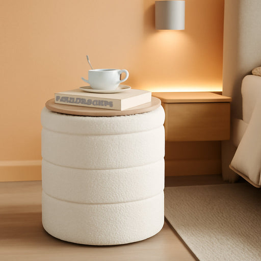 round Storage Ottoman Foot Rest Stool with Tray Velvet Sherpa Folding Storage Ottoman,Boucle Foot Rest for Living Room, Bedroom, Dorm（White）