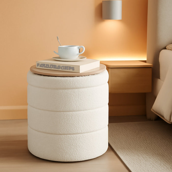 round Storage Ottoman Foot Rest Stool with Tray Velvet Sherpa Folding Storage Ottoman,Boucle Foot Rest for Living Room, Bedroom, Dorm（White）