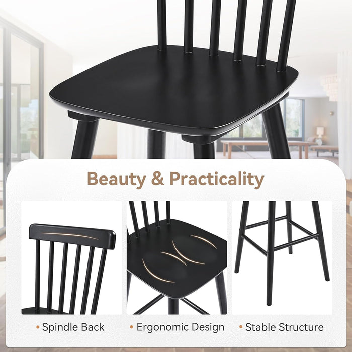 Windsor Wooden Bar Stools Set of 4 for Kitchen Island, Farmhouse 24 Inch Counter Height Stools Chairs with Spindle Back, Black