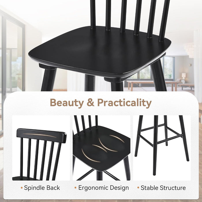 Windsor Wooden Barstools Set of 4 for Kitchen Island, Farmhouse 30 Inch Bar Height Stools Chairs with Spindle Back for Bar Bistro, Black