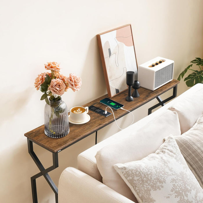 Sofa Console Table, 44.9" Entryway Table with Charging Station, Narrow Couch Table, Hallway Table, Sofa Table with USB Ports, Metal Frame, for Entrance, Living Room, Rustic Brown CTHR113E01