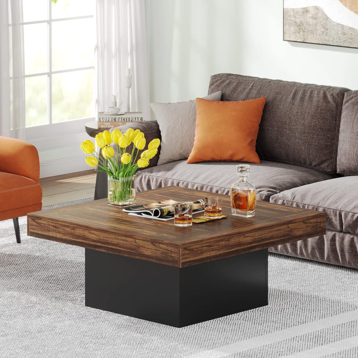 Coffee Table Square LED Coffee Table Engineered Wood Low Center Cocktail Tables for Living Room (Rustic Brown+Black)