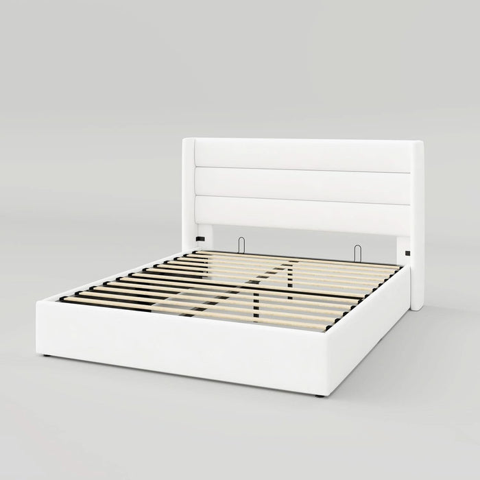 Queen Size Velvet Lift up Storage Bed, Modern Wingback Headboard, Hydraulic Support, No Box Spring Needed, White