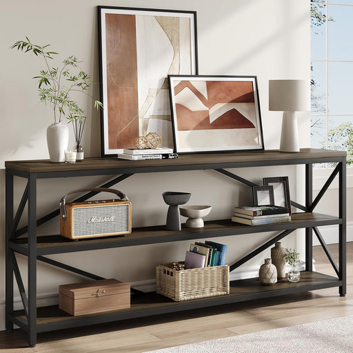 Industrial Console Sofa Table,70.8 Inch Extra Long Entryway Table with 3 Tier Wood Storage Shelf for Living Room, Hallway, Entrance, Narrow Sofa Table with Metal Frame, Black and Brown