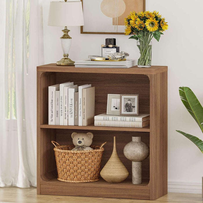 Wooden Bookshelf, 2-Tier Compact Open Bookcase with Rounded Corners, Small Floor Standing Display Book Shelf for Living Room, Bedroom, Home Office, Kids' Room (Walnut)