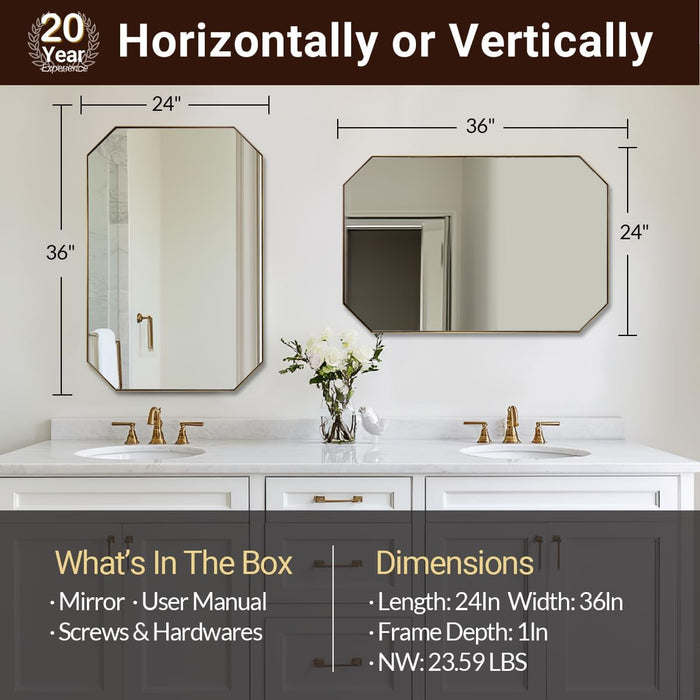 Gold Octagon Bathroom Mirror, 24X36 Inch Stainless Steel Metal Frame, Anti-Rust, Shatterproof HD Glass, Wall Mounted for Bathroom, Bedroom, Living Room